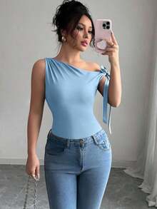 Camiseta ajustada elegante con cuello asimétrico y nudo de mujer de unicolor - Azul 2 - Ver 3