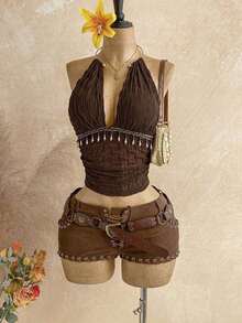 Top sin espalda con cuello halter y textura vintage para mujer, verano - Marrón - Ver 6