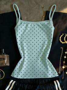 Camiseta de mujer de verano de cuello redondo, ajustada, con estampado de lunares - verde menta - Ver 2