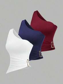 Conjunto de blusa con cuello asimétrico, un solo hombro y decoración de hebilla metálica, adecuado para vacaciones en la playa - Multicolor 7 - Ver 7