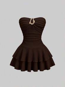 Vestido mini elegante sin tirantes de doble capa para mujer - Café integral - Ver 7