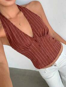 delgado de mujer de algodón con rayas, cuello alto y abotonadura sencilla, para otoño/invierno - Marrón - Ver 8