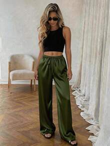 1pc Solid Color Drawstring Pocket Pants, Suitable For Home, Daily Wear, Holidays, Singles Party, Satin, All Seasons Spring - Army Green - View 2