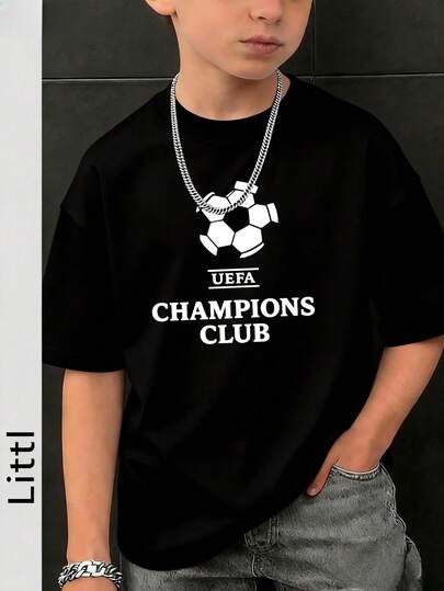 Boys' Soccer Print T-Shirt, Black Football Graphic Short Sleeve Crew Neck Casual T-Shirt, Kids/Teens Sports Oversized Summer Football