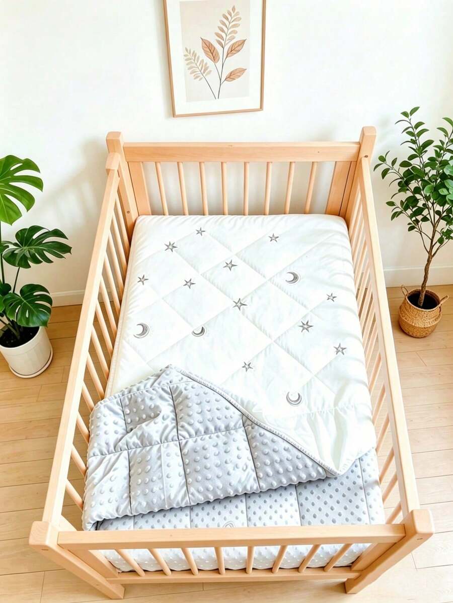 1 bộ đệm giường và ga trải giường chần bông hình thoi cho bé, đệm cũi dày dặn 2 trong 1 cho mùa thu/đông, đệm cũi thêu hình sao và trăng, hình gấu, trang trí phòng trẻ sơ sinh.