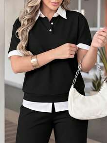 女款新款 Polo 領短袖 T 恤與彈性腰鬆身長褲 2 件套，春/夏。酒紅色 Polo 衫，運動、通勤黑色 - 黑色 - 查看 4