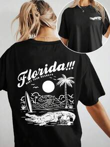 Women's Casual Short Sleeve T-Shirt - "Florida!!" Graphic Print With Palm Tree And Surfboard Design, Loose Fit Crew Neck T-Shirt, Medium Stretch Fabric, All Season Comfort, White With Black Lettering, Beach Essential, Y2k Beach T-Shirt. - 黑色 - 查看 1
