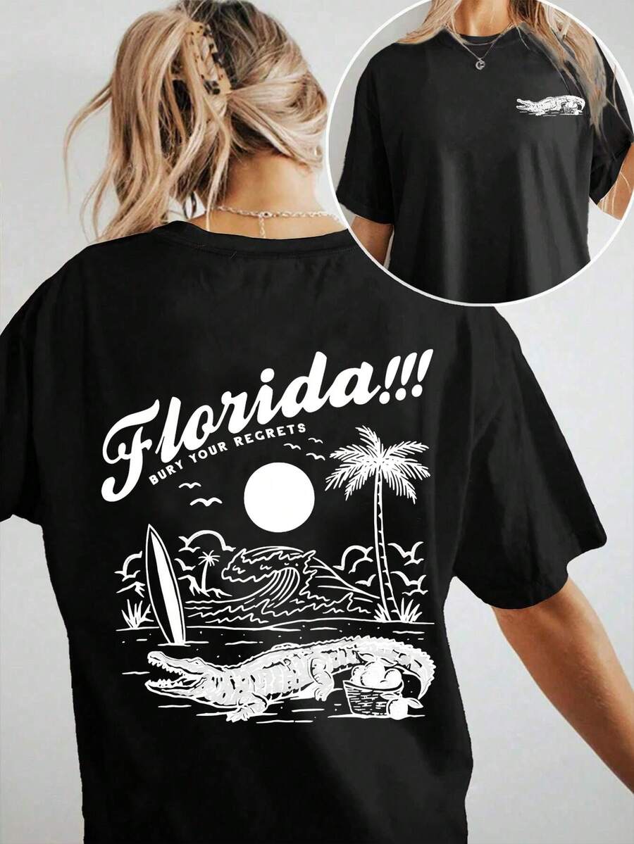 Women's Casual Short Sleeve T-Shirt - "Florida!!" Graphic Print With Palm Tree And Surfboard Design, Loose Fit Crew Neck T-Shirt, Medium Stretch Fabric, All Season Comfort, White With Black Lettering, Beach Essential, Y2k Beach T-Shirt. - 黑色 - 查看 1