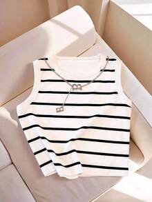 Camiseta de tirantes casual y versátil con cuello redondo y rayas para mujer - Multicolor 7 - Ver 4