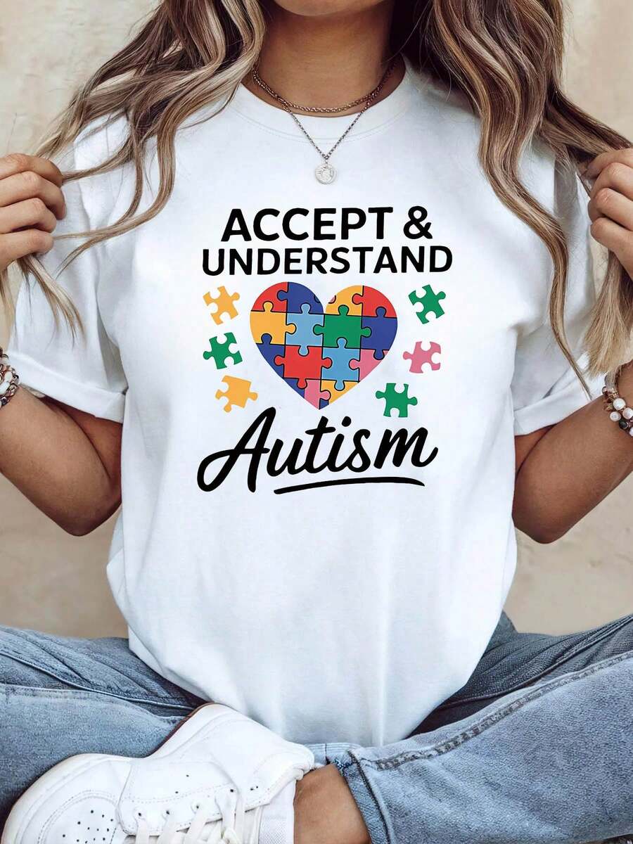 Camiseta de mujer "ACCEPTAR Y COMPRENDER AUTISMO" con estampado de corazón de rompecabezas para eventos de caridad, salidas informales, estilo cálido e inclusivo, mangas cortas, perfecto para el uso diario