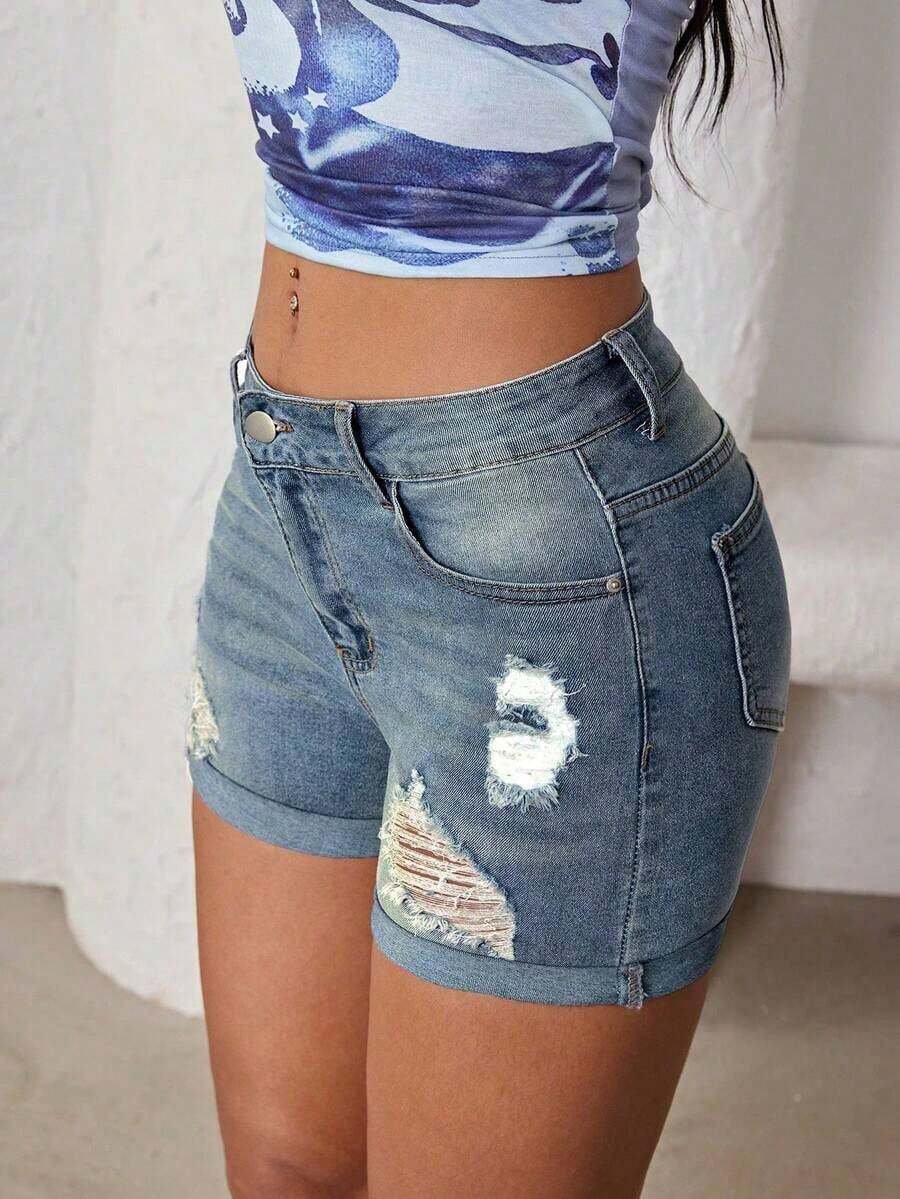 Shorts en mezclilla desgarro bajo de doblez - Azul lavado medio - Ver 1