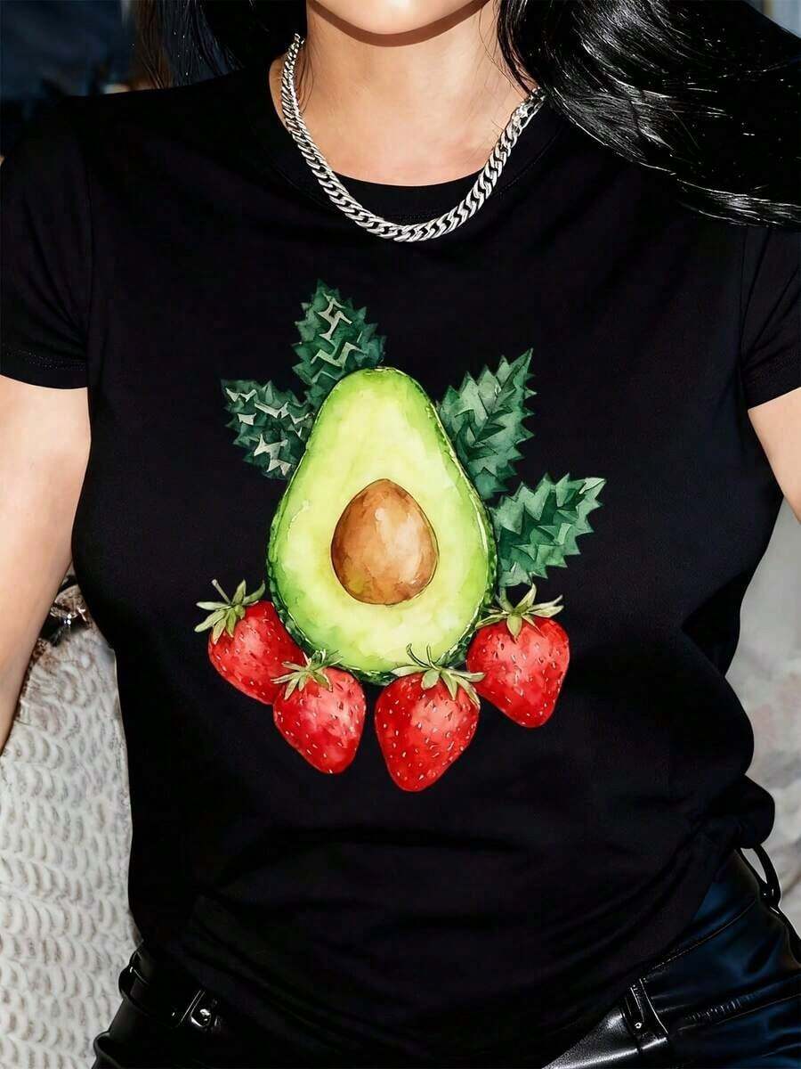 1 camiseta divertida para mujer con estampado de aguacate y fresa - Corte holgado y de gran tamaño, manga corta, cuello redondo, con diseño de frutas humorísticas, camiseta gráfica casual y divertida para Halloween, Día de Acción de Gracias, Navidad - Ropa casual transpirable y estilo vintage urbano, camiseta unisex de algodón de manga corta y cuello redondo. - Negro - Ver 1