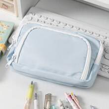 1pc Stationery Bag Cream Color Pencil Case Large Capacity 3 Compartments Storage Pouch For Office School Student , Back To School Gifts - 純色 - 查看 7