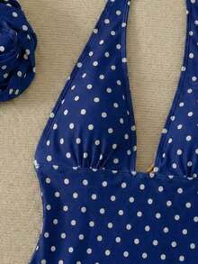Traje de baño de dos piezas con estampado de lunares, escote asimétrico y espalda descubierta, atuendo de vacaciones en la playa para el verano - Azul - Ver 5