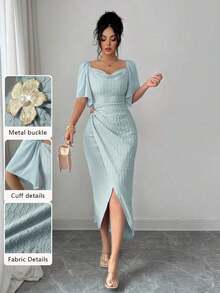 Vestido elegante ajustado con cuello de volantes, mangas de pétalos y hebilla metálica de bloque de color para mujer, primavera/verano - Verde - Ver 12