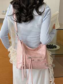 Fringe Rivet Motorcycle Style Underarm Bag, Women's New Large Capacity Tote Bag, Sweet & Cool One Shoulder Bag - Pink - View 4