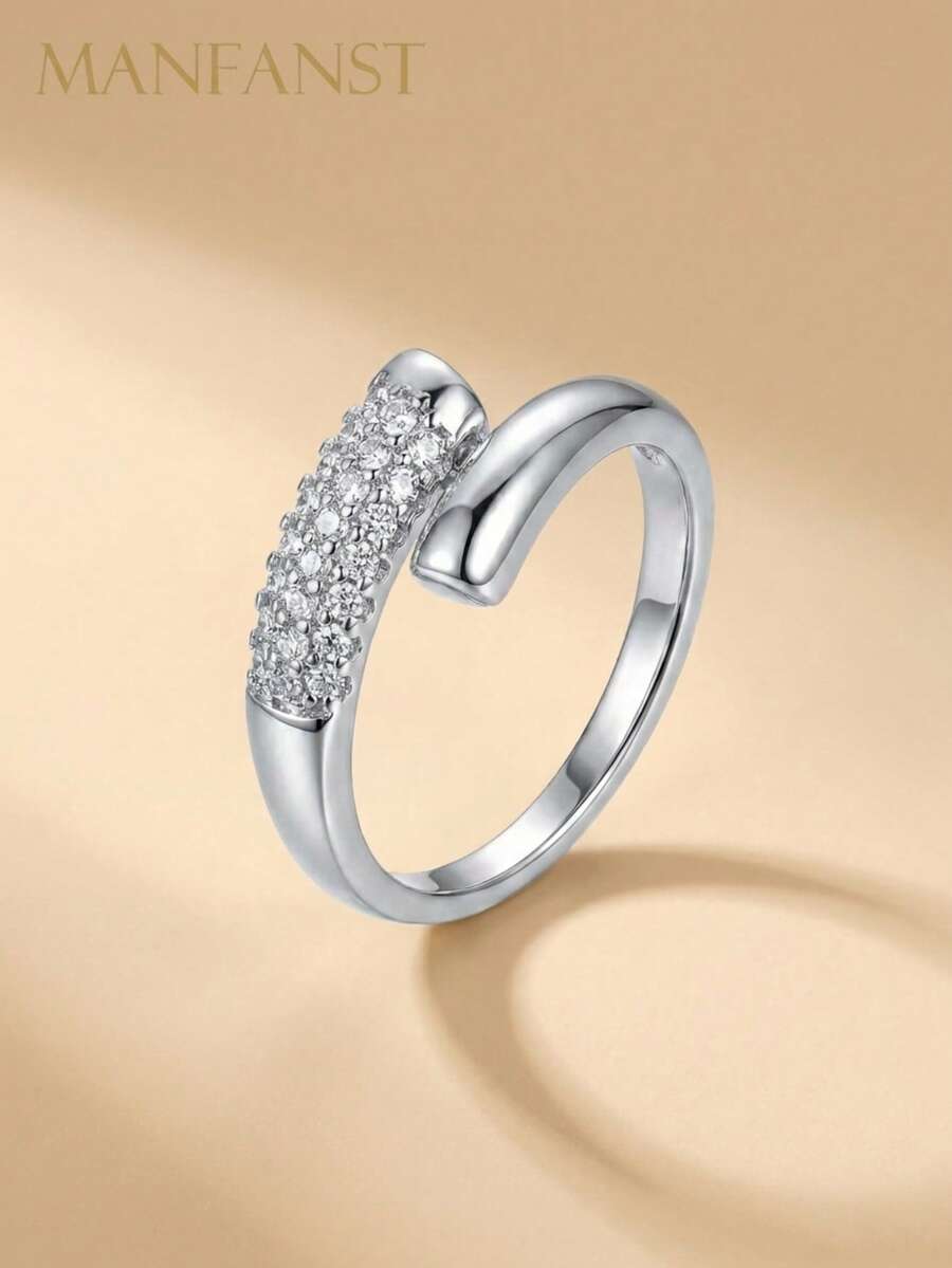 1 pieza Anillo abierto inspirador con diseño de vanguardia envuelto en circonia y cobre, adecuado para el uso diario, fiestas y vacaciones de las mujeres - Plateado - Ver 1