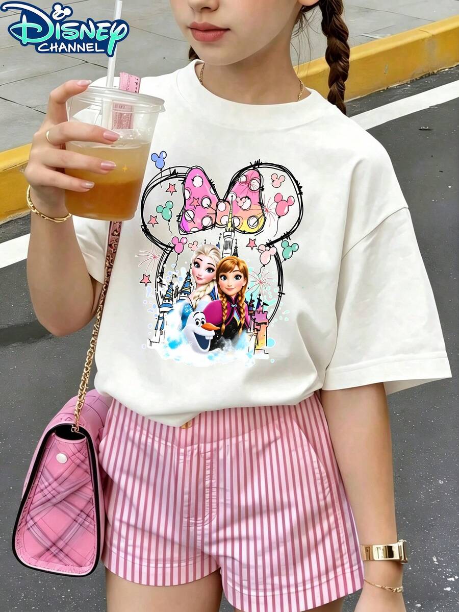 [ Genuine Authorization ][ Disney ] Disney Frozen Characters With Minnie Ears  Printed Girl Simple And Cute Top, Solid Color Casual Versatile Round Neck Short Sleeve T-Shirt, Comfortable Elastic Fabric, 100% Pure Cotton Material, Skin Friendly And Not Stuffy, Suitable For Children Aged 5-12Y, Perfect Birthday Gift Or Children's Day Gift. - Hồng - Xem 1