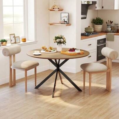 Round Dining Table For 4 People, Ø120, Industrial-Style Kitchen Table With Steel Legs, For Dining Room, Kitchen, Home Office, Oak