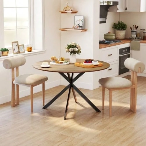 Mesa de comedor redonda para 4 personas, Ø120, mesa de cocina de estilo industrial con patas de acero, para comedor, cocina, oficina en casa, roble. - Granate - Ver 1