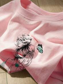 Short-Sleeved T-Shirt With Hand-Drawn Style Print And Round Neck - Apricot - View 8