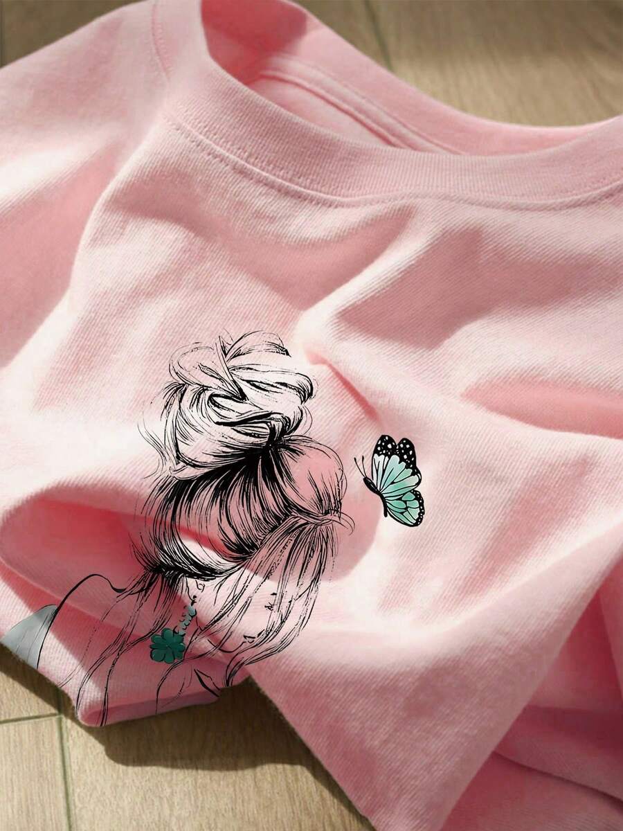 Short-Sleeved T-Shirt With Hand-Drawn Style Print And Round Neck - 粉色 - View 1