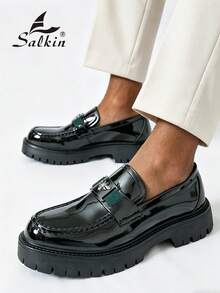Salkin 新款时尚设计师男士一脚蹬乐福鞋，优雅绅士社交鞋，饰以蜜蜂图案，纯色柔软舒适皮革鞋面，橡胶鞋底，日常休闲鞋，厚底增高，商务正装鞋，亮黑色漆皮，适合办公室、派对、婚礼、新郎、造型师、节日礼物，春夏秋季皆宜。 - 漆皮亮黑 - 查看 10