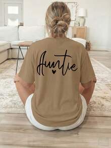 Women's T-Shirt With Double-Sided Front/Back Print - Short Sleeve, Round Neck, Casual Style, Suitable For Casual Wear, Machine Washable, With "Auntie" And Heart Print, Non-Blouse Style For Layering Or Wearing As A Top, 100% Cotton - 卡其色 - 查看 3