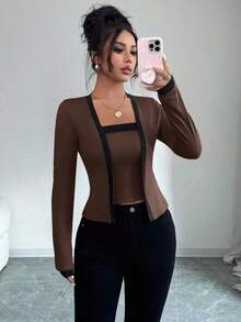 Set de 2 piezas: Top de mangas largas con panel de color elegante de frente abierto y camiseta sin mangas para mujer - Café integral - Ver 3