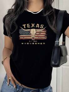 Premium American Flag Print With Bull Skull Symbolizing Strength And Texan Tradition On A Women's T-Shirt, 100% Cotton, - Black - View 9