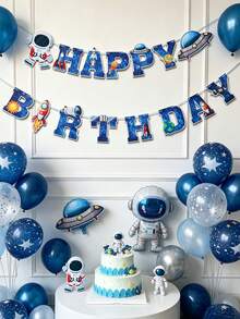 1 Set Space Astronaut Theme Birthday Party Decorations, Including Happy Birthday Banner, Space Astronaut Bunting, Birthday Party Backdrop Decoration Banner, Space Theme Hanging Decorations, Home Decor, Birthday Wall Decorations, Astronaut Birthday Party Supplies, Birthday Party Supplies, Birthday Gifts - Astronaut - View 2