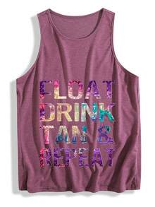 "Float Drink Tan & Repeat" Tie-Dye Slogan Tank Top For Women, Vacation Graphic Loose Fit Sleeveless Vest Casual Summer Beach Streetwear Top. - 玫紅色 - 查看 8