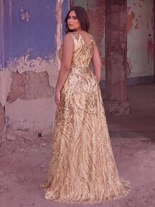 Plus Size Elegant Sleeveless V-Neck Evening Gown, Adorned With Intricate Embroidery And Sequins - Luxurious Formal Dress Suitable For Weddings, Red Carpet Events, Galas, Parties, Wedding Guests And More - Champagne - View 3