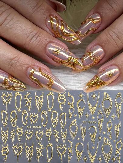 2 Stücke 5D Geprägte & Goldfolie Nagel Sticker - Dunkle Dornige Herzen (Metallische Textur), Sterne & Monde (Flüssigmetall Textur) - Punk & Y2K Stil Nagelkunst Abziehbilder | Selbstklebende Nagel Sticker | DIY Nagel Zubehör & Materialien
