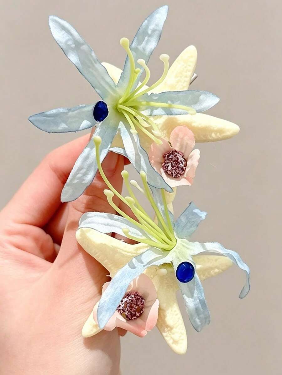 2 chiếc kẹp tóc phong cách Boho hình sao biển và hoa, phụ kiện tóc độc đáo cài bên và sau gáy, hàng mới cao cấp và thanh lịch. - Nhiều màu - Xem 1