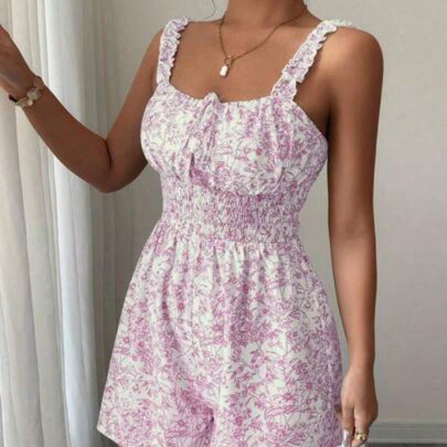 Women's Apricot Base Multi-Color Printed Frill Trim Spaghetti Strap Tie Waist Jumpsuit, Elegant & Sophisticated, Suitable For Valentine's Day, Easter, May Day, Birthday, Date, Party, Formal Occasions, Teacher's Outfit, High-Vibe, Spring/Summer - Rosa - Ver 1