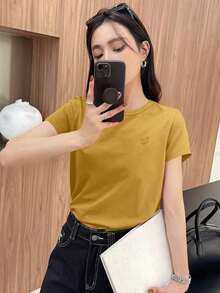 Y2K Style, Modern Style, The Newest Of 2026, Cute Style, Casual Style. Women's Loose-Fitting Casual Summer T-Shirt With Embroidered Heart And Letter Pattern, Red, 180g (S-XXXL) - 黃色 2 - 查看 2