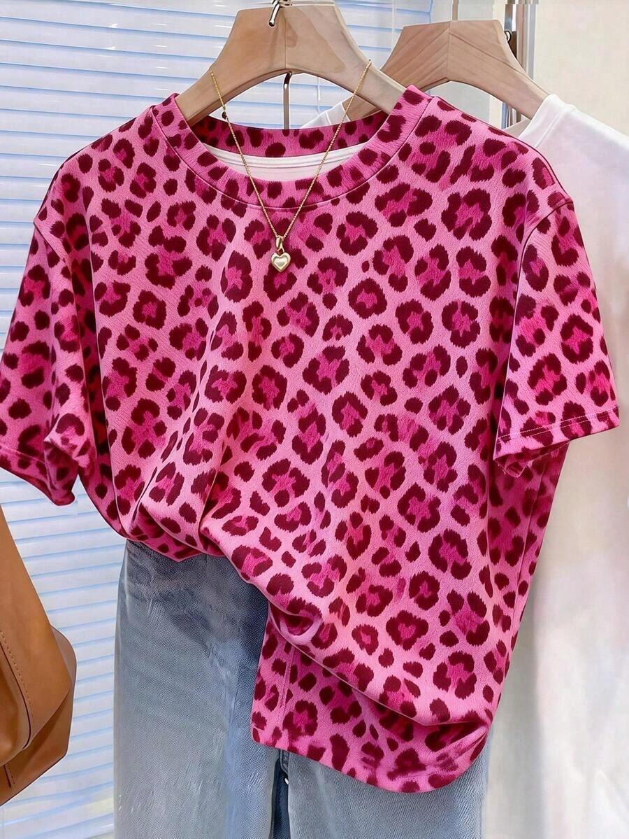 Camiseta casual de mujer de cuello redondo y manga corta con estampado digital de leopardo, regalo para amigos - Multicolor 2 - Ver 1