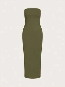Vestido casual de cena ajustado sin tirantes y de silueta ceñida para mujer - Verde militar - Ver 3