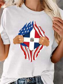ModernoDominican Blood Inside Me Camiseta Sólida con Estampado Gráfico, Top Casual de Manga Corta para Mujer para Primavera y Verano, Camisetas Gráficas para Mujer Ropa Casual - Blanco - Ver 1