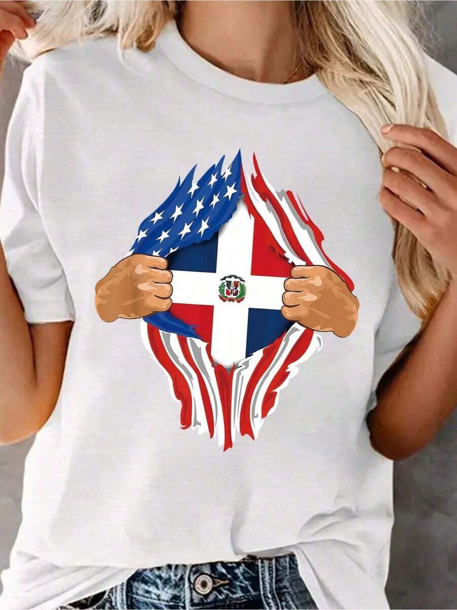 ModernoDominican Blood Inside Me Camiseta Sólida con Estampado Gráfico, Top Casual de Manga Corta para Mujer para Primavera y Verano, Camisetas Gráficas para Mujer Ropa Casual - Blanco - Ver 1