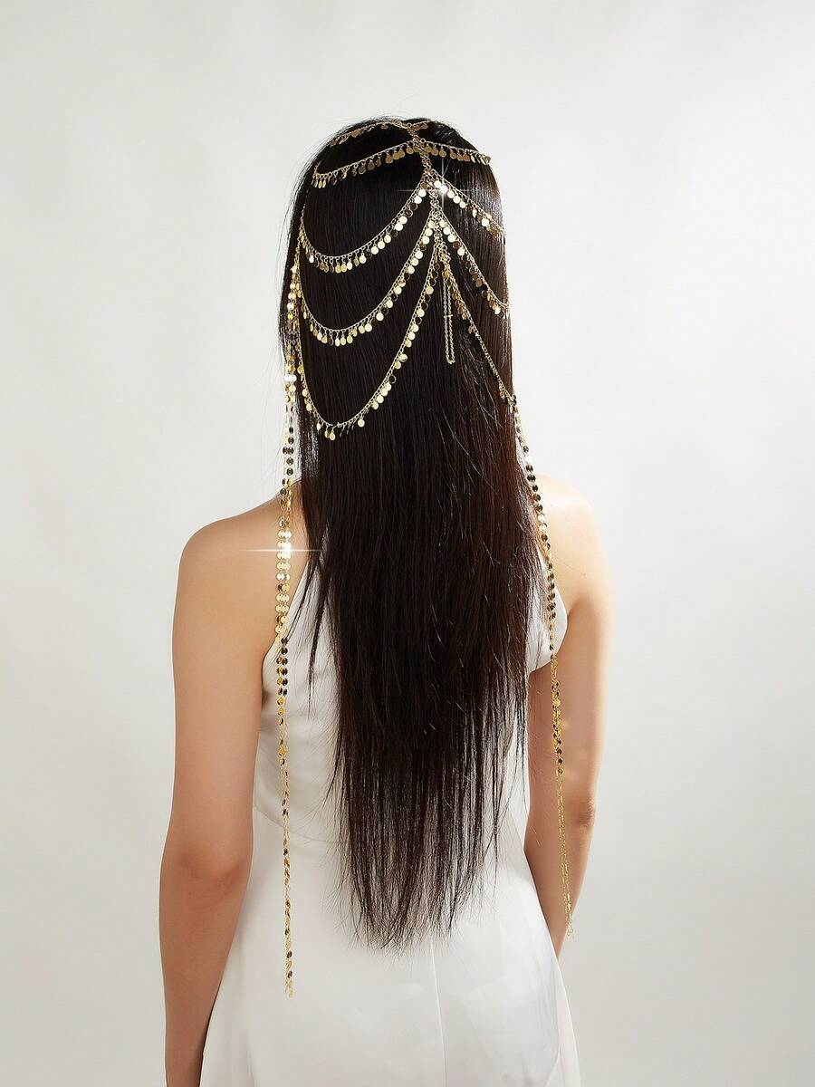 Mgyi Jewelry 镀金多层硬币流苏头链，亮片吊坠发饰，适合节日、婚礼和派对 - PTL-046 - 查看 1