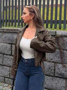 Chaqueta informal y suelta de piel sintética con cremallera para mujer, ropa de otoño - Marrón - Ver 4