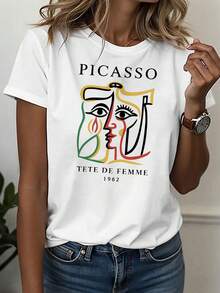 Talla Grande - Talla Grande - Camiseta Casual para Mujer, con Cuello Redondo y un Retrato Femenino Inspirado en Picasso, Perfecta para Entusiastas del Arte.Ideal para eventos en galerías y días de arte moderno - Blanco - Ver 1