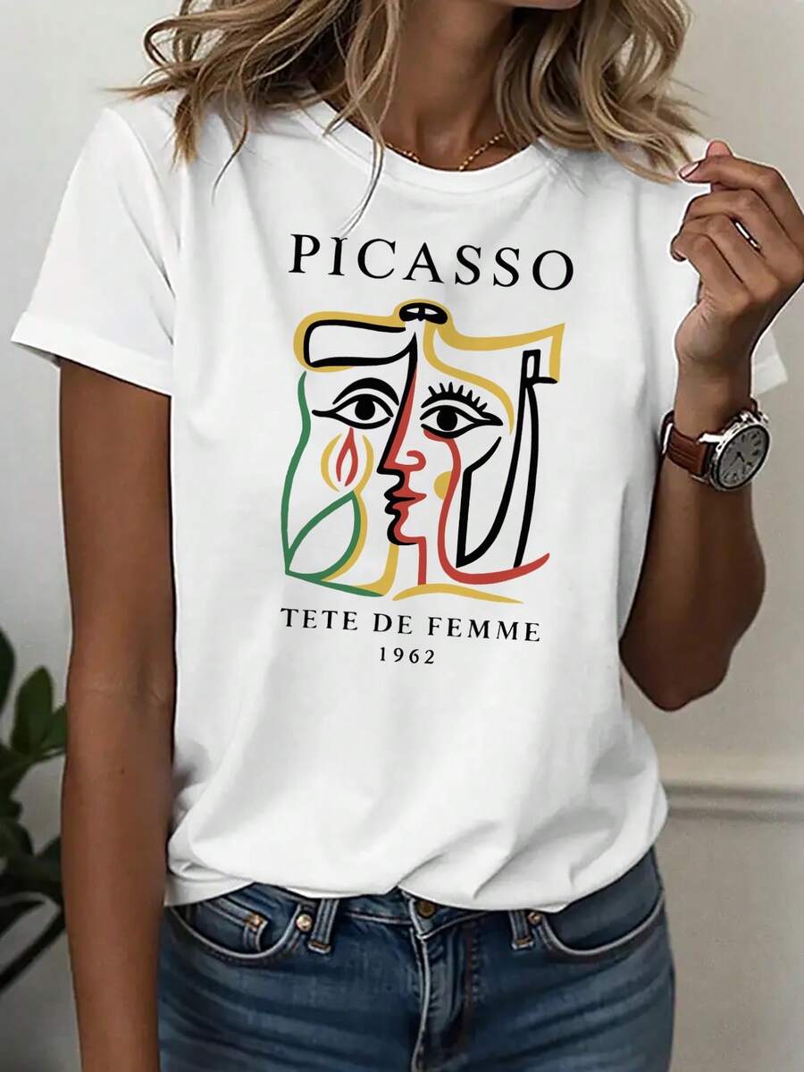 Talla Grande - Talla Grande - Camiseta Casual para Mujer, con Cuello Redondo y un Retrato Femenino Inspirado en Picasso, Perfecta para Entusiastas del Arte.Ideal para eventos en galerías y días de arte moderno - Blanco - Ver 1