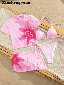 Conjunto de bikini de 4 piezas/set con top de manga corta de tela de malla con estampado floral sexy y elegante, Bottom de traje de baño con lazos laterales, tela de estiramiento medio, adecuado para vacaciones, playa, actividades en la piscina, fiestas en la playa, verano - Multicolor 2 - Ver 3