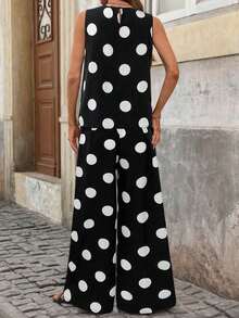 Clasi Conjunto de pantalones anchos plisados con lunares blancos y negros de cuello redondo y sin mangas, holgado, elegante para uso diario, ir a trabajar, moda primavera/verano - Blanco y Negro - Ver 2