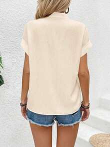 Blusa casual de verano de unicolor con botones delanteros y mangas cortas para uso diario - Beis - Ver 2