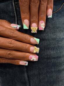 10pcs Y2K Nails Square Press On Nails Set - Handcrafted, Pink Nails, Blue Nails, Blue French Tip Nails, Handmade 3D Flowers, 3D Blue Flowers And 3D Pink Flowers Nail Art, Hand Drawn Pink Little Flowers And Black Polka Dot Design - Multicolor - View 4