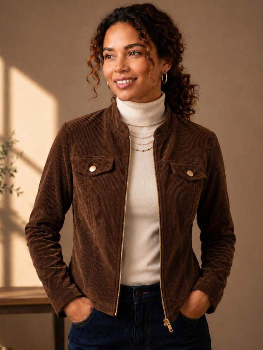 Women's Comfort Corduroy Jacket With Gold Front Zipper - Premium New Arrival For Autumn/Winter - 鏽棕色 - 查看 1